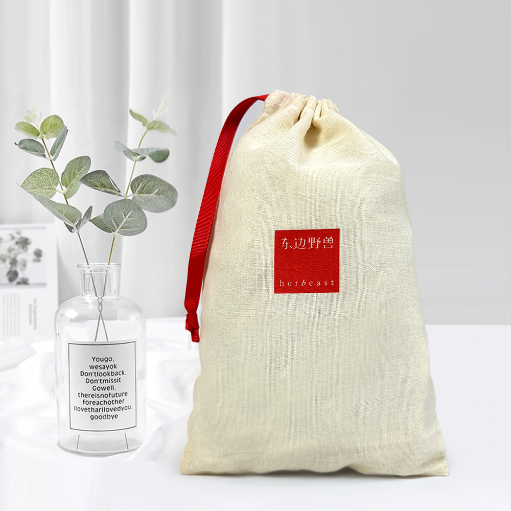 Natural Breathable Canvas Drawstring Bag with Dual-Sided Red Logo