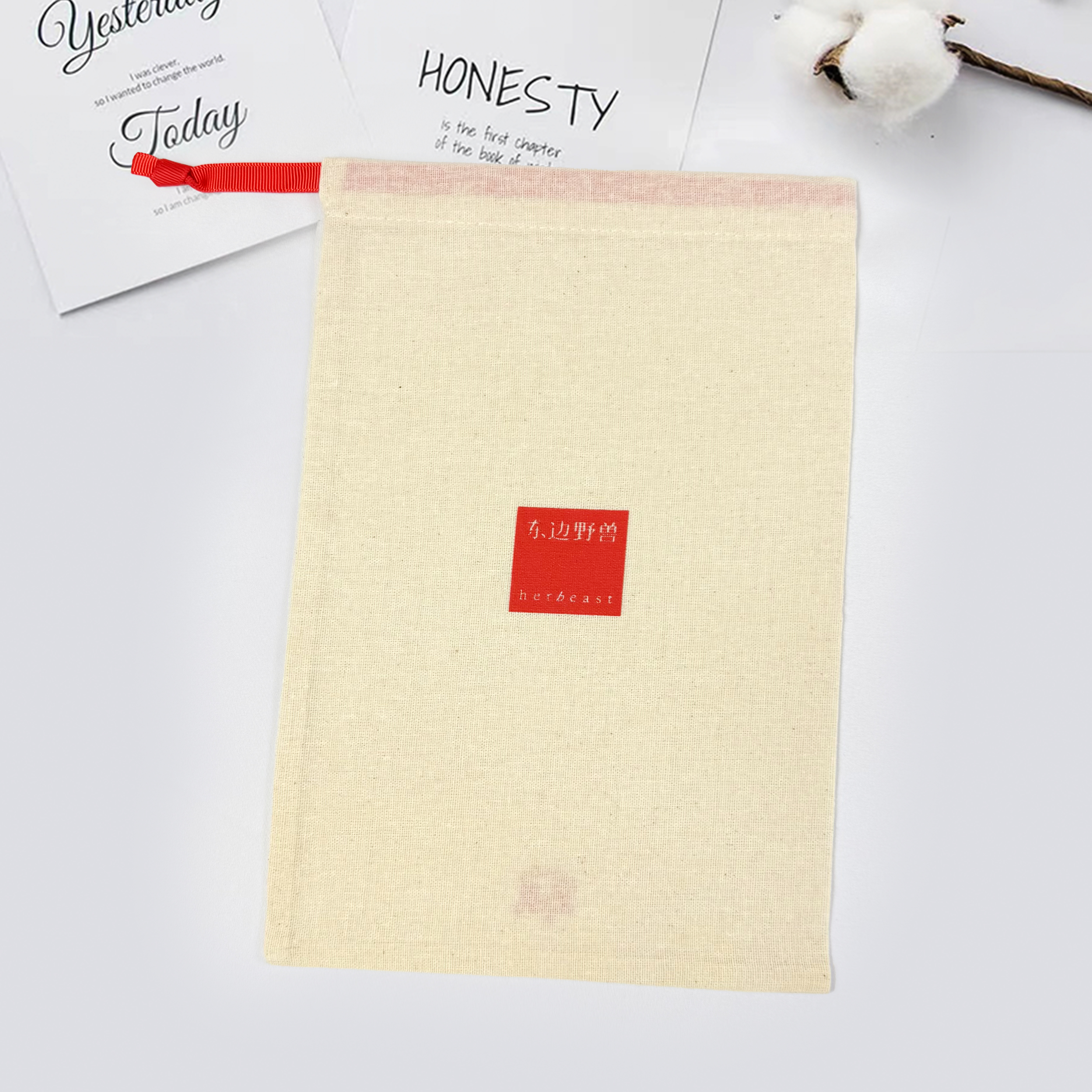 Natural Breathable Canvas Drawstring Bag with Dual-Sided Red Logo