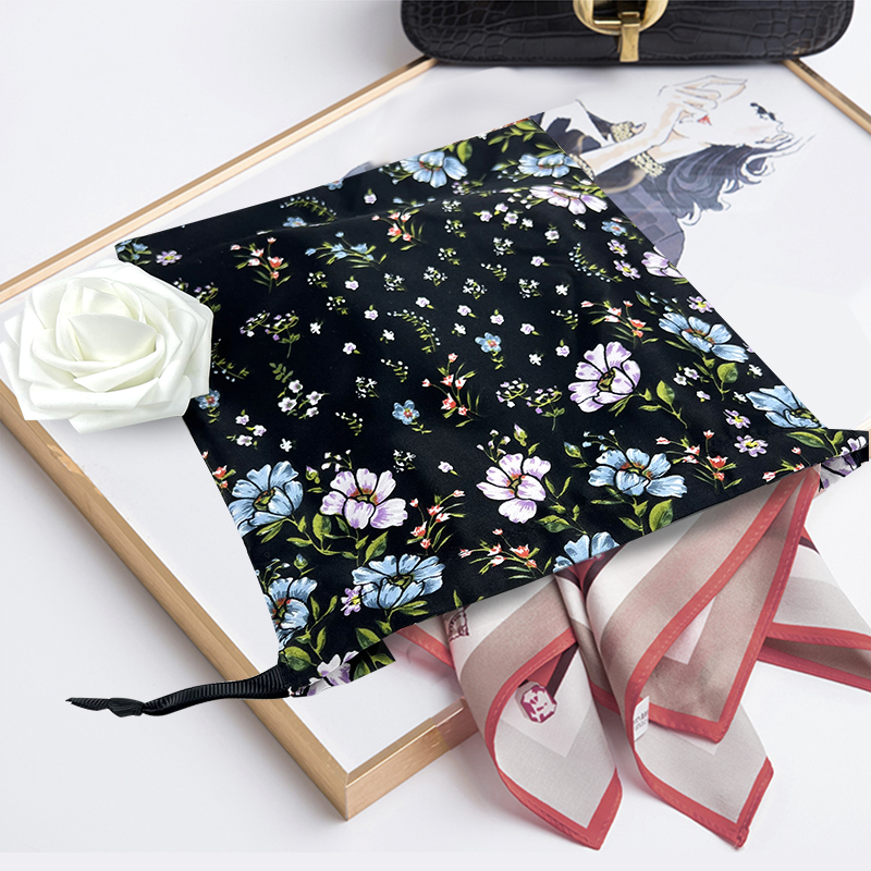 Black Satin Drawstring Bag with All-Over Floral Print – Luxury Jewelry ...