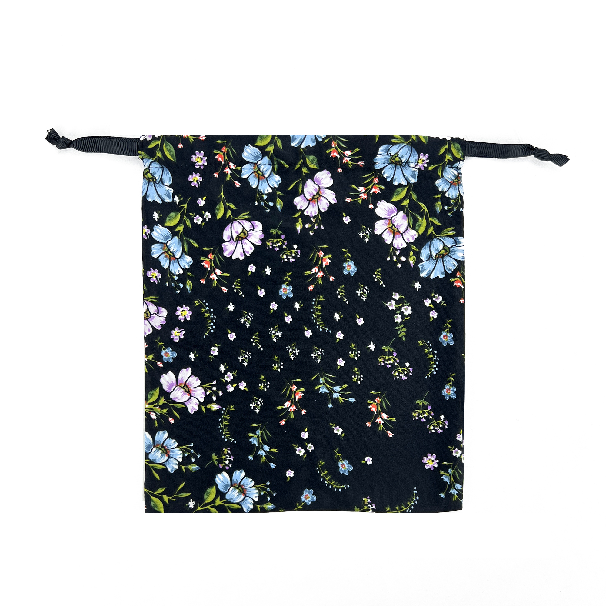 Black Satin Drawstring Bag with All-Over Floral Print – Luxury Jewelry ...