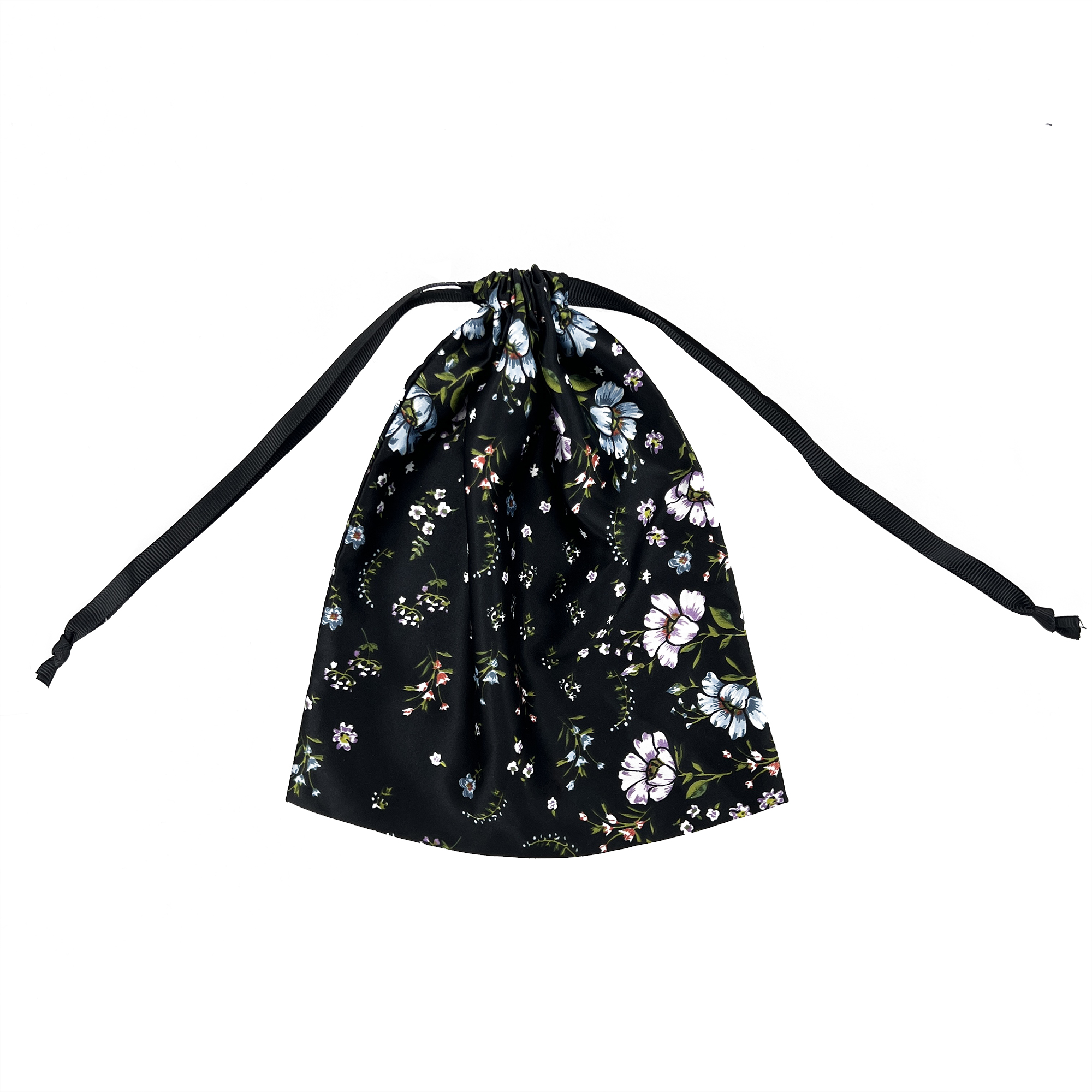 Black Satin Drawstring Bag with All-Over Floral Print – Luxury Jewelry ...