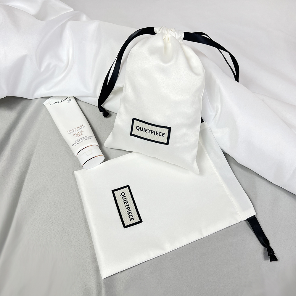 Custom White Satin Drawstring Bag with Woven Label | Multi-Size Silky ...